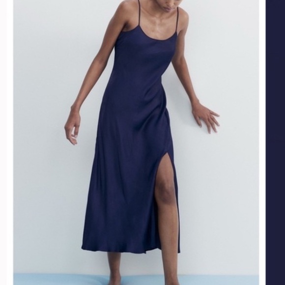 Zara Deep Blue/Navy Satin Midi Dress Sz S - Picture 4 of 8